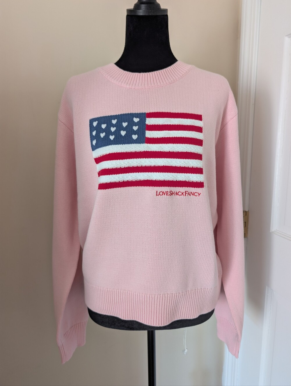 NWT LoveShackFancy Ty Pullover Sweater Pink American Flag Blushing Liberty S